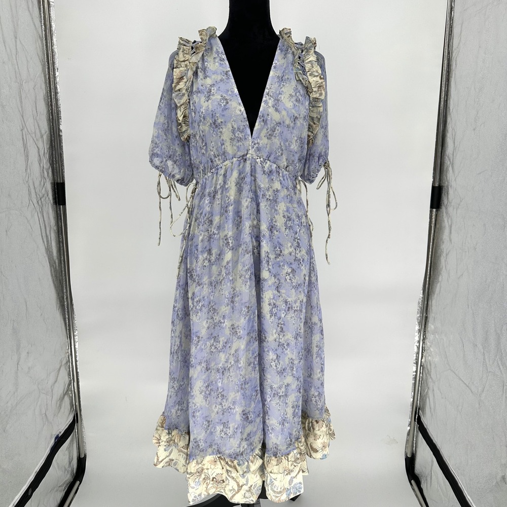 ASOS Blue Floral Puff Sleeve Chiffon Dress Ruffle Cottage Fairy US 8‎ Medium